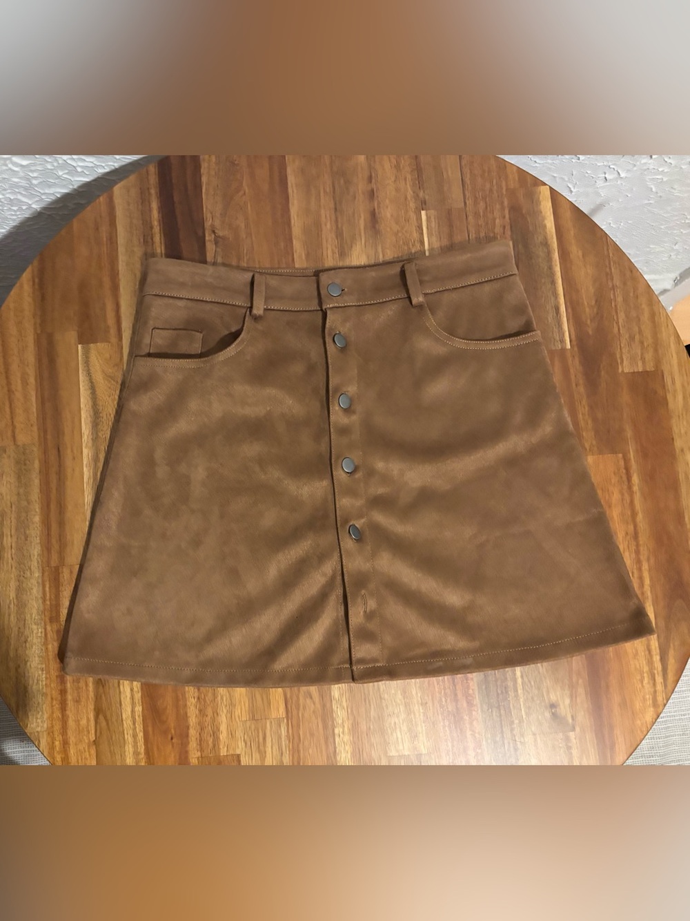 Button-Front Suede Mini Skirt — Brown - Picture 2 of 9